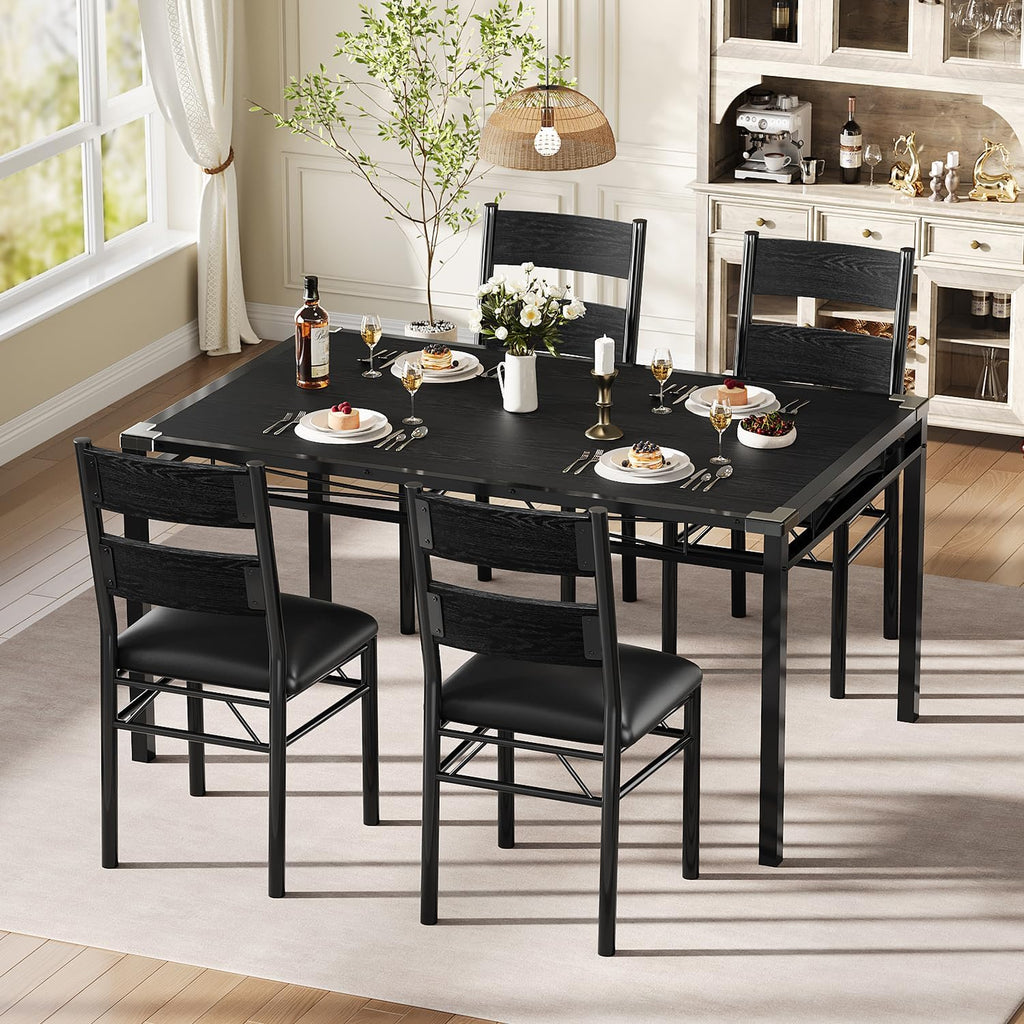 IDEALHOUSE Wood Dining Table Set for 4 with Corner Protector, Kitchen Table Chairs Set of 4 with Upholstered Chairs, Dining Room Table Set for 4, for Dining Room, Apartment,Retro Black