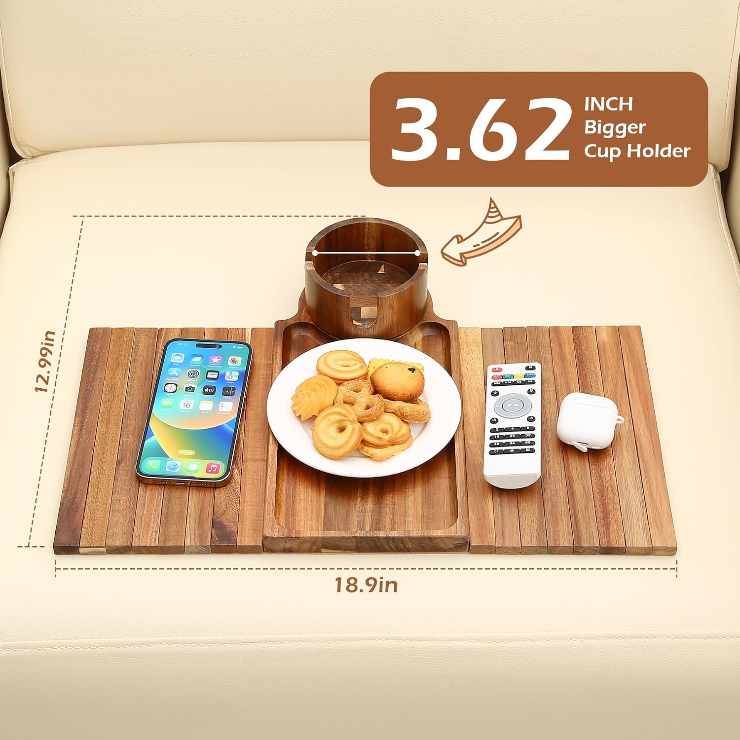 GHKINMAL Couch Cup Holder Tray, Acacia Wood Couch Armrest Table with 360° Ratated Phone Holder, 18.99" Flodable Anti-Slip Sofa Armrest Tray Tables for Snacks Remote Storage