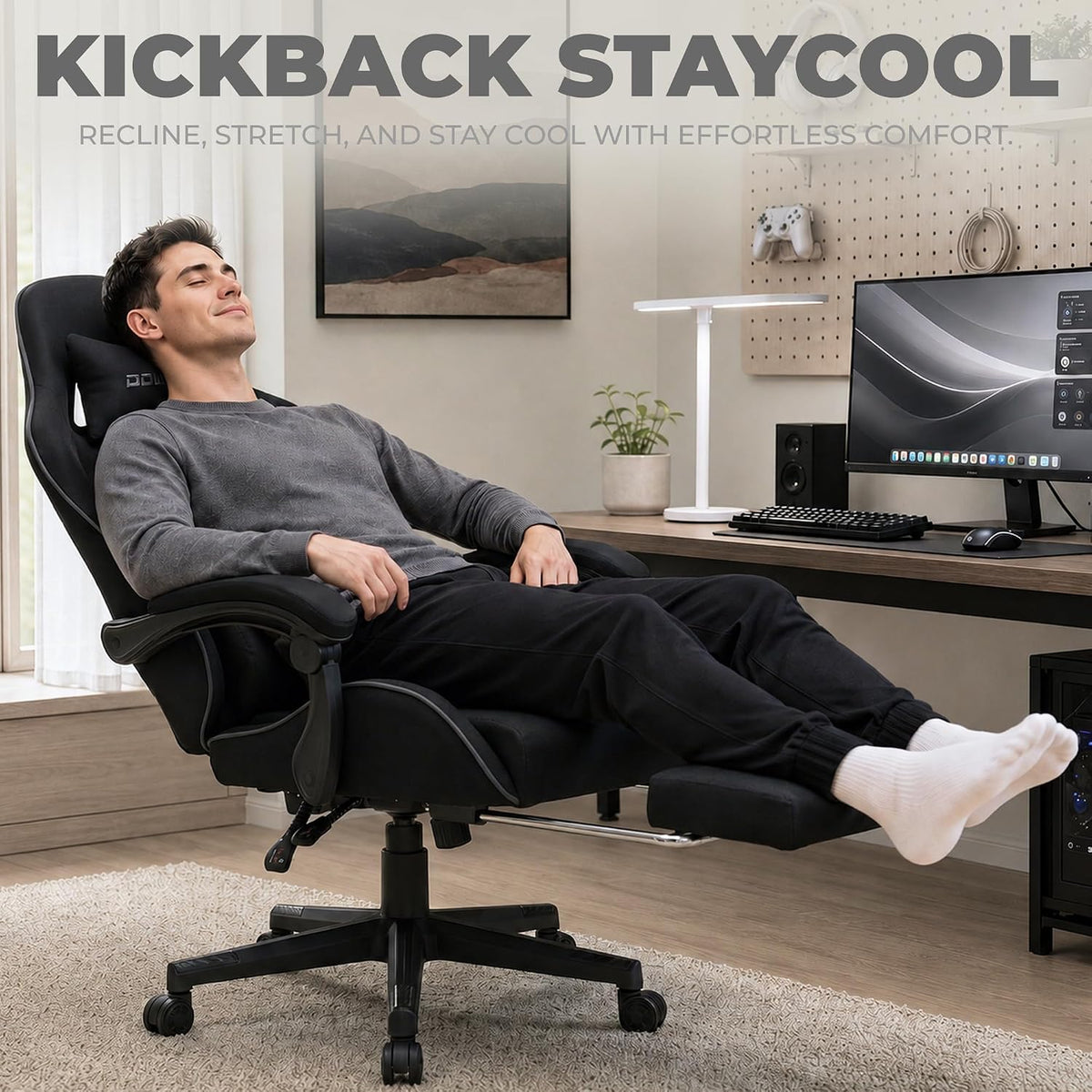 Dowinx Gaming Chair Fabric with Pocket Spring Cushion, Massage Game Chair Cloth with Headrest, Ergonomic Computer Chair with Footrest 290LBS, Black