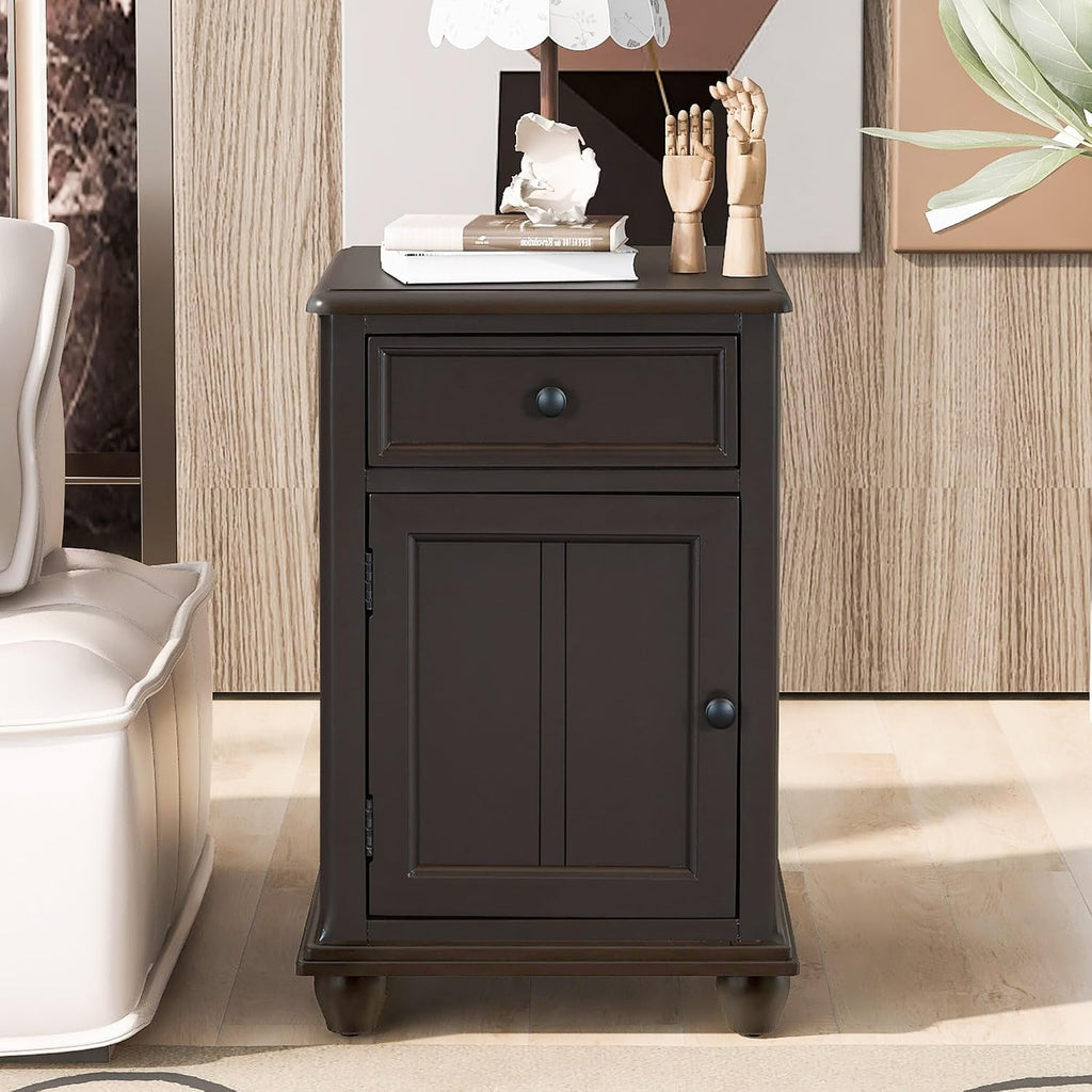 End Table with Solid Wood Legs, Side Table with USB Ports, 1 Storage Cabinet and 1 Drawer for Living Room, Antique Navy (Antique Espresso#091)