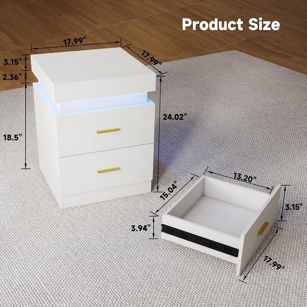 Night Stand Set of 2, 18'' LED Nightstand with Charging Station, Modern Wooden Bedside Table with Hidden Drawer, Sliding Top & 2 Drawers, White End Side Table for Bedroom Living Room