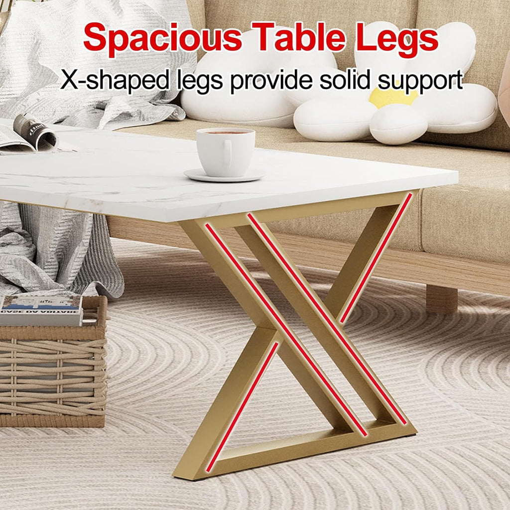 Wolawu Coffee Table Living Room Table White Center Table, Modern Faux Marble Rectangular Tea Tables with Sturdy Gold Metal Frame,Industrial Wooden Coffee Table for Bedroom Home Office