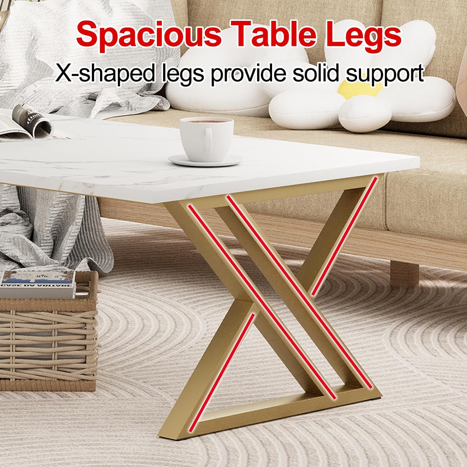Wolawu Coffee Table Living Room Table White Center Table, Modern Faux Marble Rectangular Tea Tables with Sturdy Gold Metal Frame,Industrial Wooden Coffee Table for Bedroom Home Office