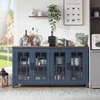 Joaxswe Large Sideboard Buffet Cabinet with Storage, 63" Farmhouse Navy Blue Kitchen Coffee Wine Bar Cabinet with 4 Glass Doors, Mid Century Modern Wood Side Board Table for Dining Room, Living Room