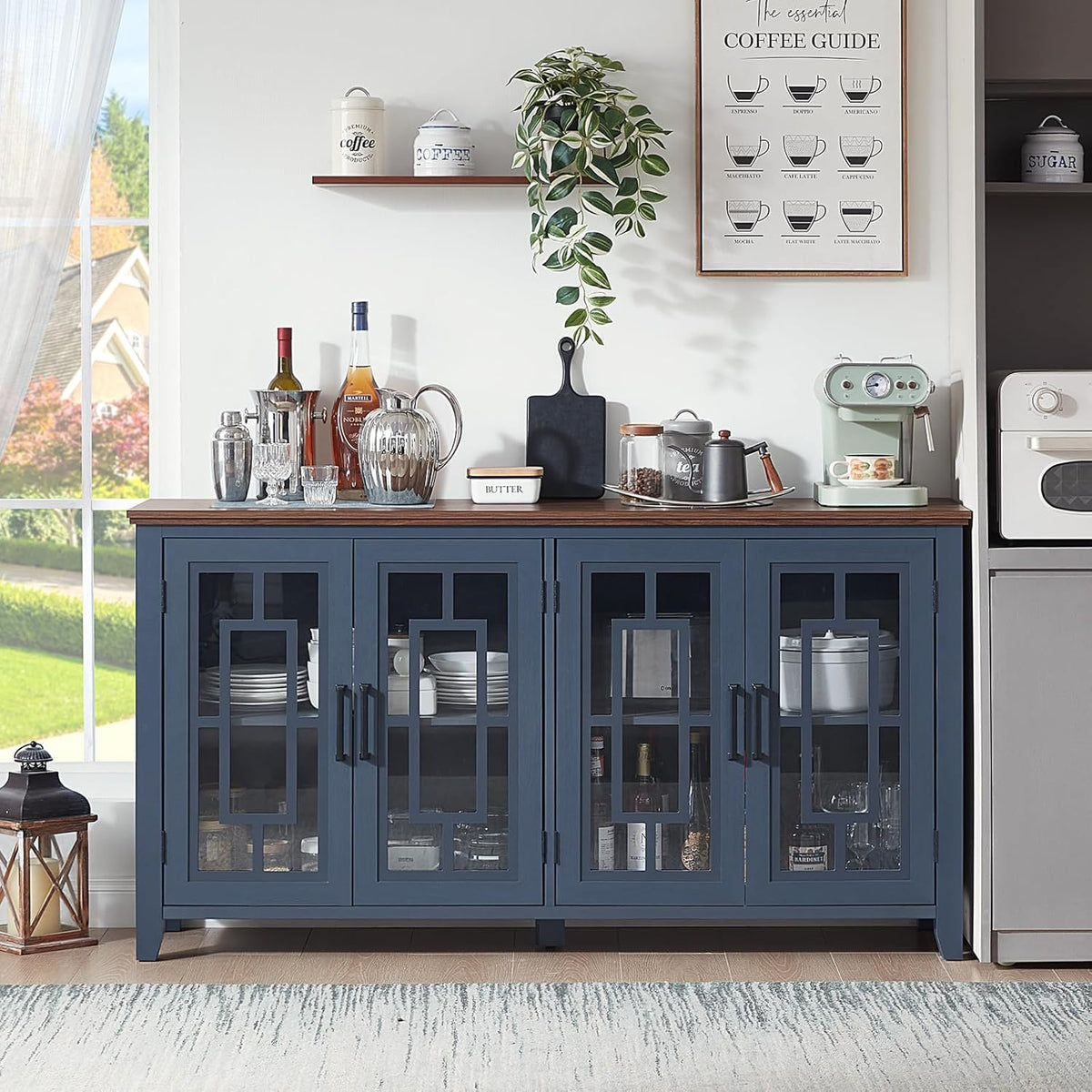 Joaxswe Large Sideboard Buffet Cabinet with Storage, 63" Farmhouse Navy Blue Kitchen Coffee Wine Bar Cabinet with 4 Glass Doors, Mid Century Modern Wood Side Board Table for Dining Room, Living Room
