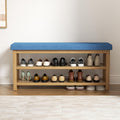 2 Tier Shoe Rack Bench with Cushion, Rubberwood Shoe Benches, Mid-Century Modern Shoe Storage Bench for Entryway, Hallway, Living Room, Closet, Front Door Entrance, Blue