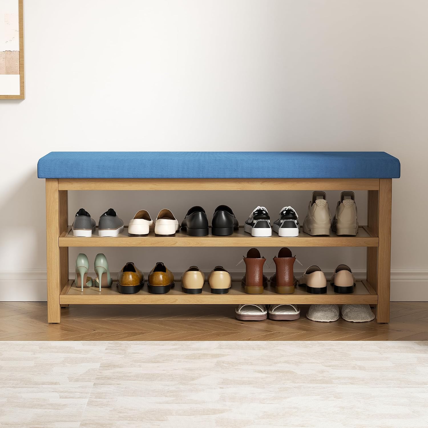 2 Tier Shoe Rack Bench with Cushion, Rubberwood Shoe Benches, Mid-Century Modern Shoe Storage Bench for Entryway, Hallway, Living Room, Closet, Front Door Entrance, Blue