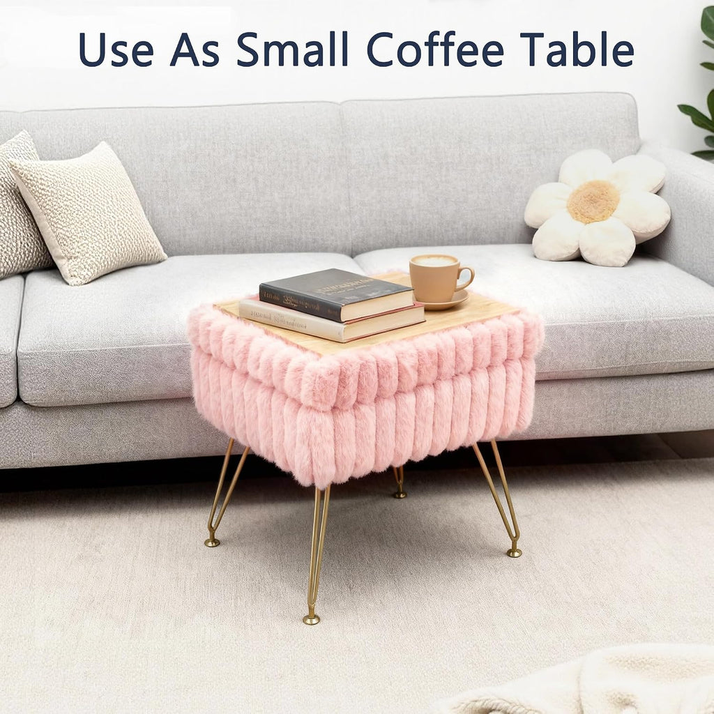 Vanity Stool Chair with Storage, Faux Fur Soft Padded Ottoman with Coffee Table, Modern Vanity Chair Fluffy Footstool with Metal Legs for Makeup, Living Room, Bedroom Pink