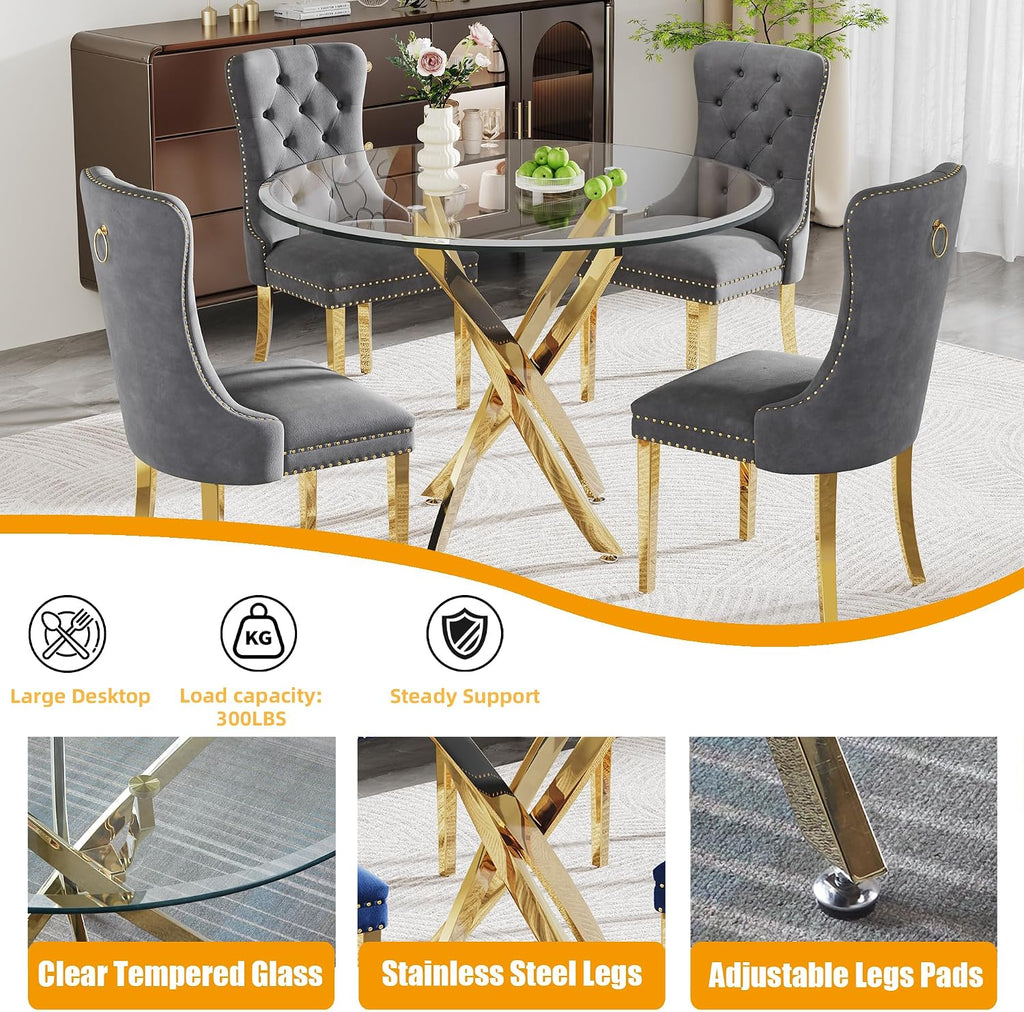 Glass Dining Table Set for 4, 5-Piece Round Tempered Glass Kitchen Table Set with 4 Velvet Upholstered Dining Chairs for Living Room, Kitchen, Small Apartment (Gold,Gray)