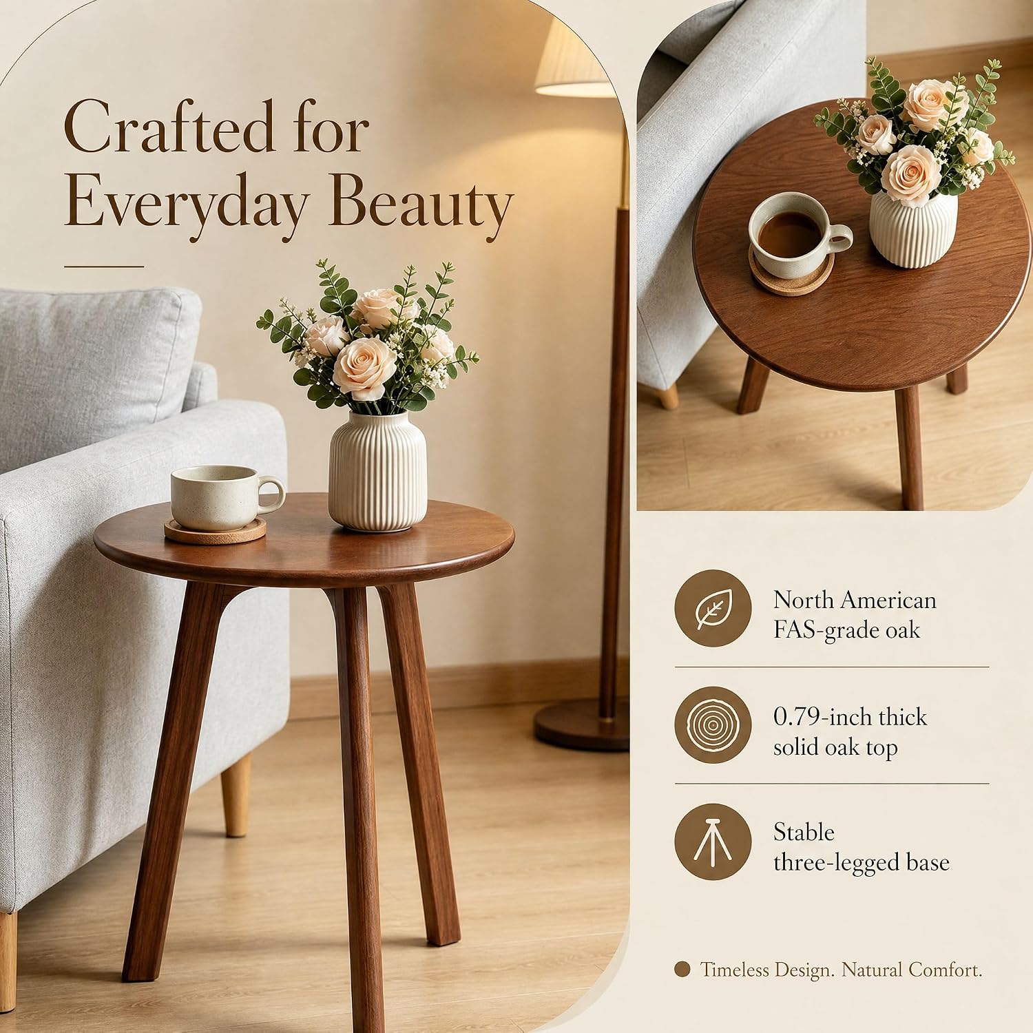 Walnut Small Round Side Table, Solid Oak Wood End Table with 3-Leg Design for Living Room, Bedroom & Office – Walnut Finish, Space-Saving Accent Table
