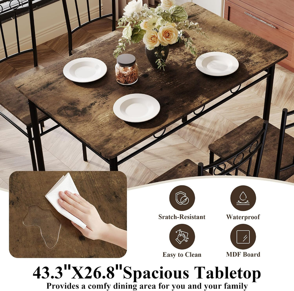 5 Piece Dining Table Set, Modern Metal&Wood Kitchen Dinner Table with 4 Chairs, Dining Room Table Sets for Small Spaces, Brown