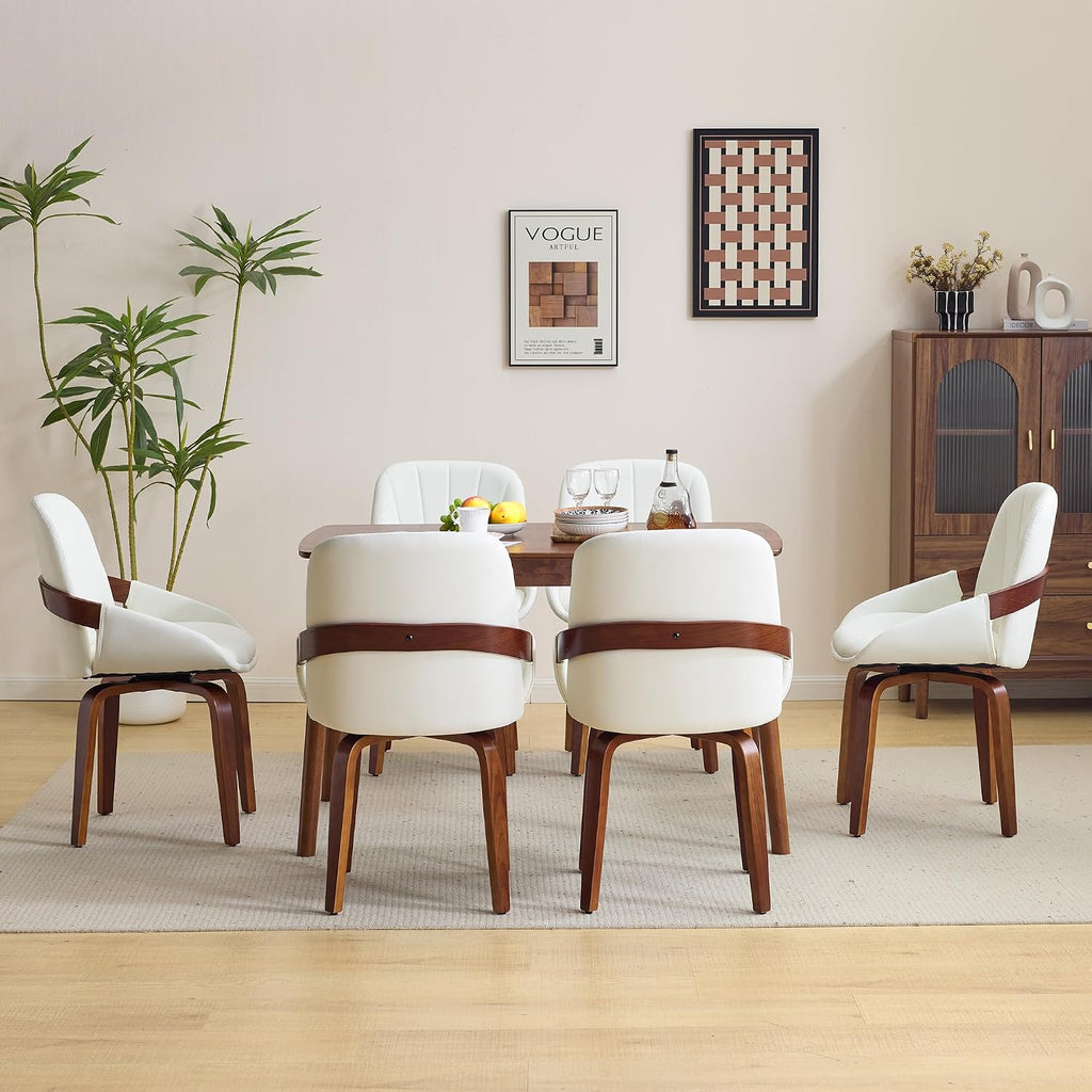 Swivel Dining Chairs Set of 4, Mid-Century Modern Dining Room Chairs with Arms Faux Leather Upholstered Kitchen Dining Chairs with Solid Wood Legs Accent Side Chair for Living Room, White