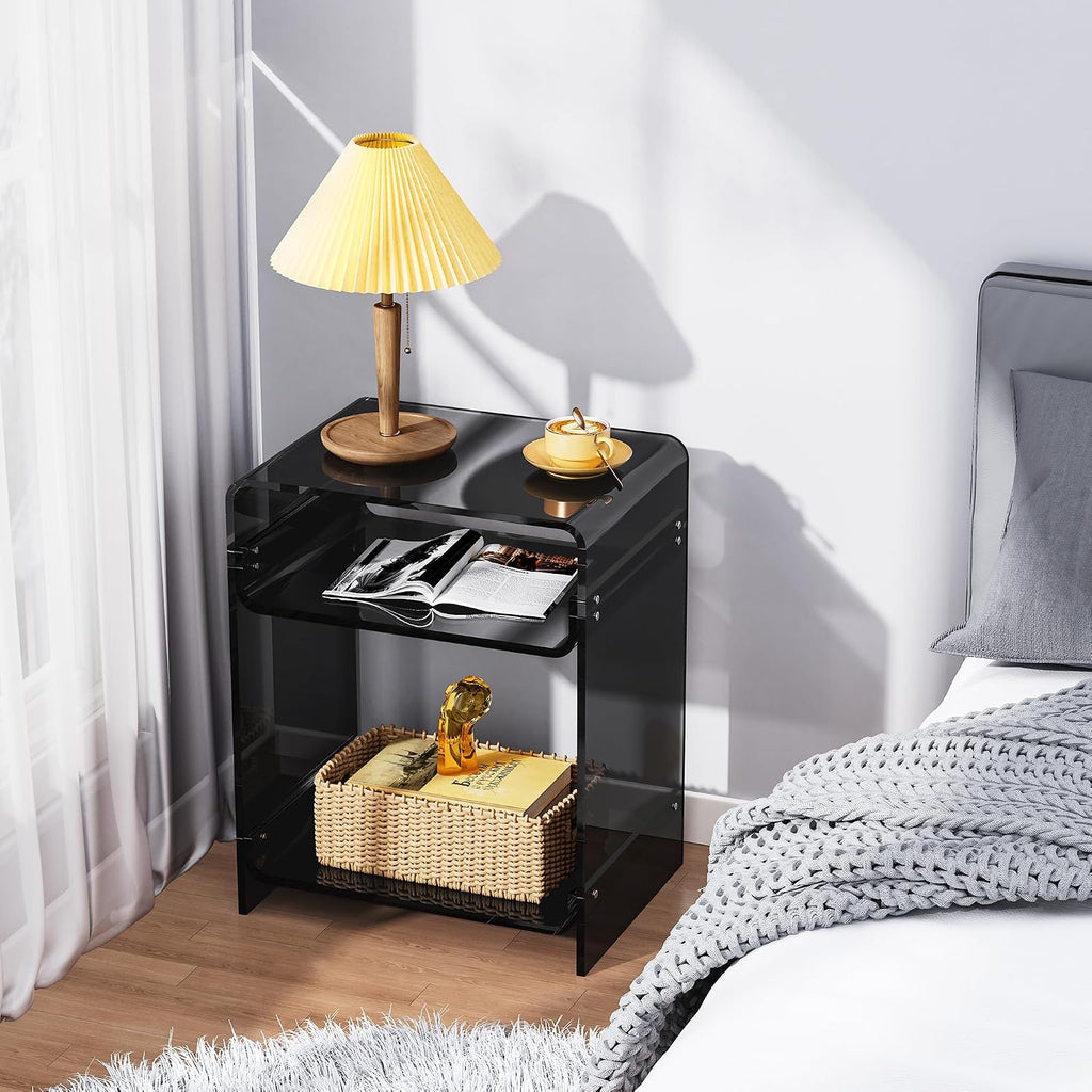 Acrylic End Table Record Player Table with Storage Shelf Clear Side Table Nightstand (Black)