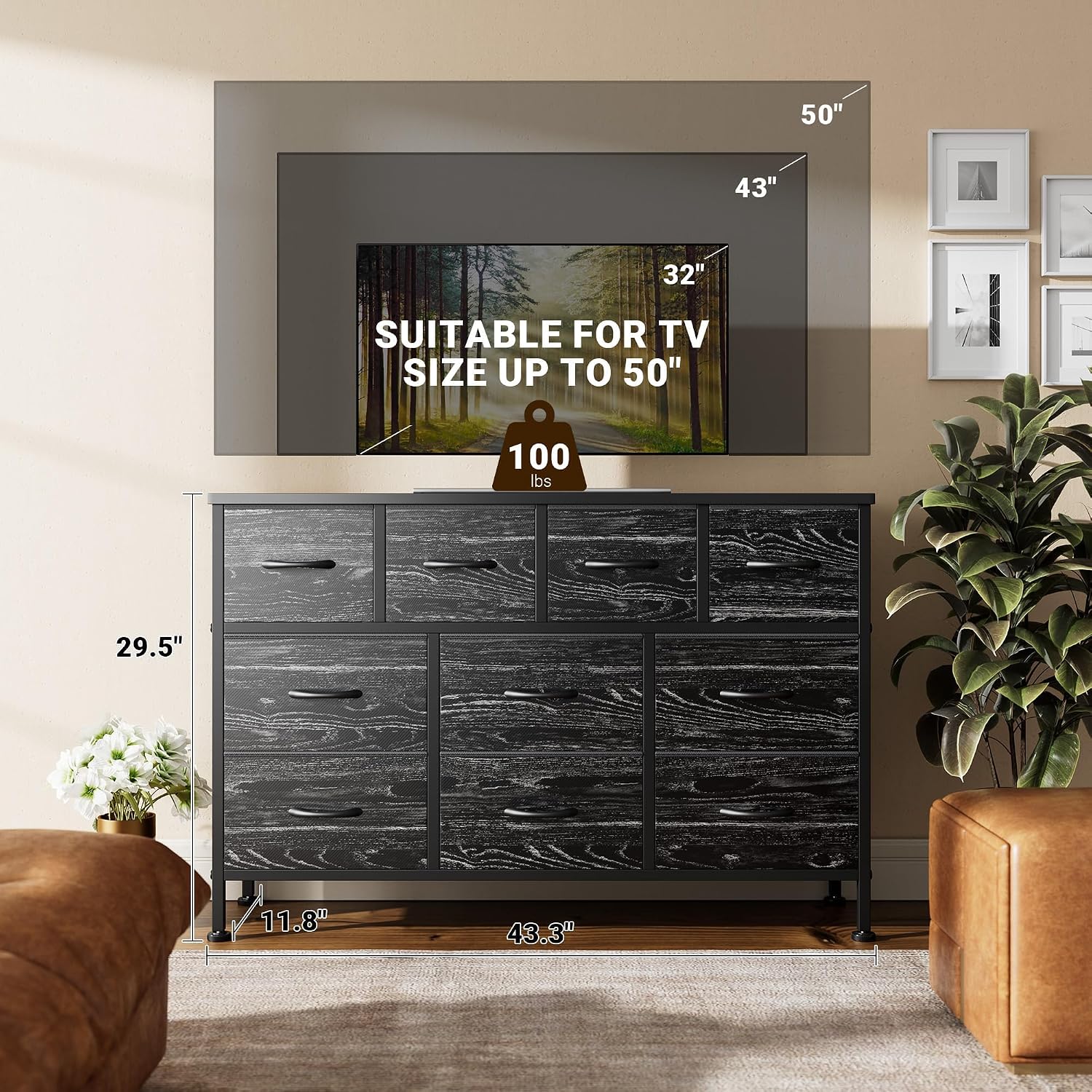 YaFiti TV Stand for Bedroom, Black Wood Veins | Dresser with 10 Fabric Drawers, Power Outlet