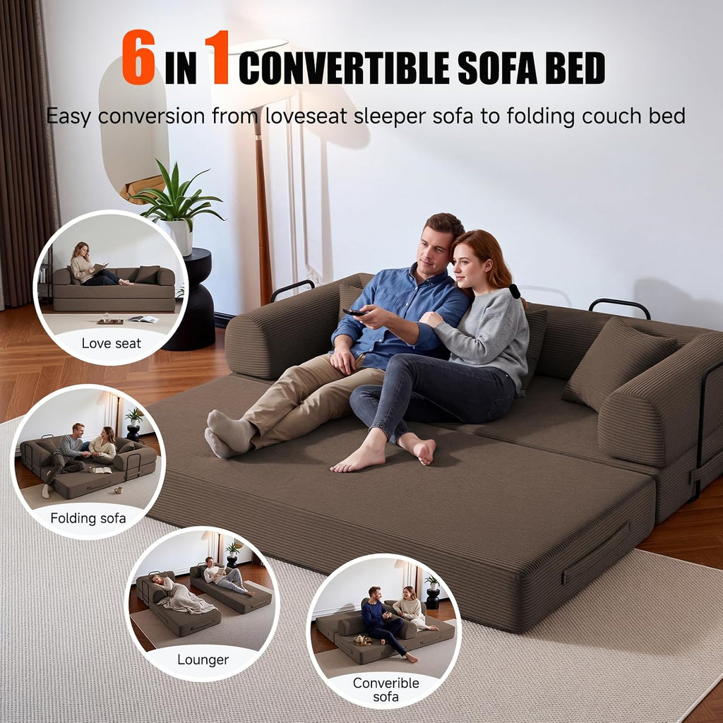79" Convertible Futon Sofa Bed,6-in-1 Couches for Living Room | Corduroy Loveseat Sleeper Sofa, Modular Pull Out Couch with Pillows,Futon Sofa No Assembly, Brown