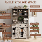72" Kitchen Pantry Storage Cabinet with Hutch and Sliding Barn Door, Farmhouse Tall Buffet Cabinet with Drawers, Large Coffee Bar with Wine & Glasses Rack, for Home Living Room, Grey