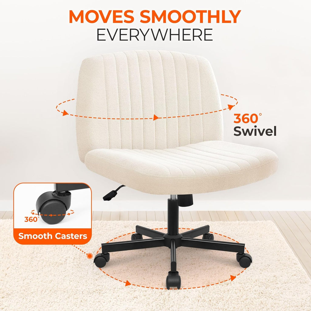 Orange Factory Criss Cross Chair, Wide Fabric Vanity Desk Seat, Beige Wheel | Cross-Legged with 360° Swivel, Height Adjustable, Smooth and Silent Wheels, Comfy Seating for Office, Desk, or Computer Use