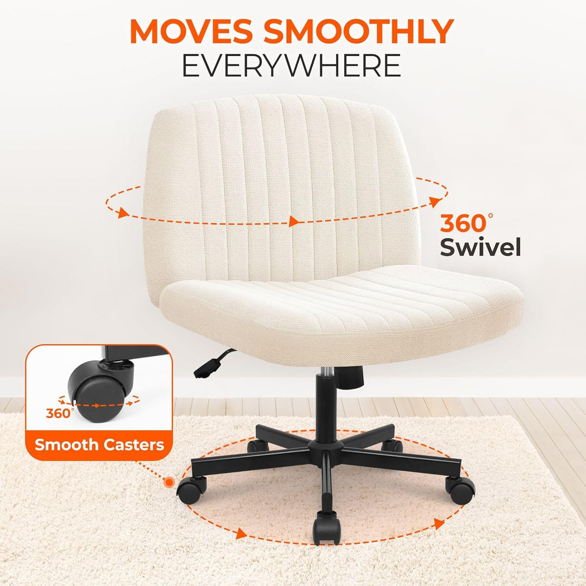 Orange Factory Criss Cross Chair, Wide Fabric Vanity Desk Seat, Beige Wheel | Cross-Legged with 360° Swivel, Height Adjustable, Smooth and Silent Wheels, Comfy Seating for Office, Desk, or Computer Use