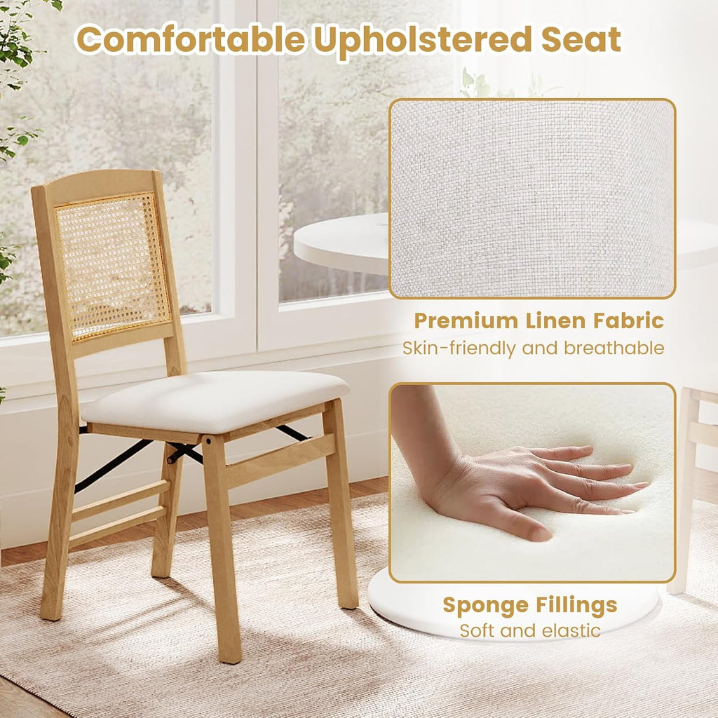 KOTEK Folding Dining Chairs Set of 2, Wooden Kitchen Chairs with Padded Seat & Rattan Backrest, Foldable Armless Side Chairs for Dining Room, Living Room (Natural & Beige)