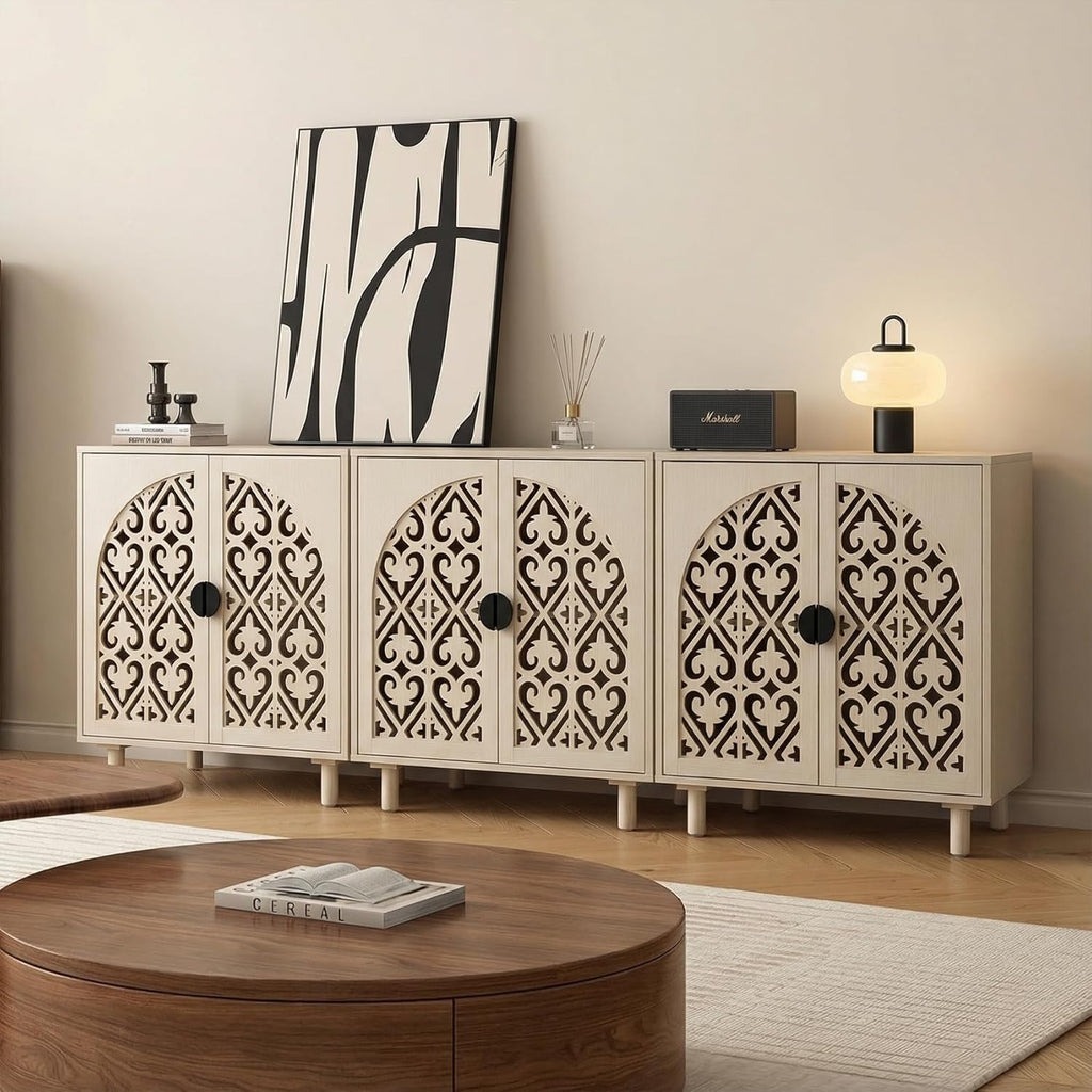 Decorative Storage Cabinet Sideboard with Hollow Carved Panels, 2 Doors, Natural Wood, 29.8 x 31.6 x 15.8 Inches. [Beige, 1pc]