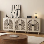 Decorative Storage Cabinet Sideboard with Hollow Carved Panels, 2 Doors, Natural Wood, 29.8 x 31.6 x 15.8 Inches. [Beige, 1pc]