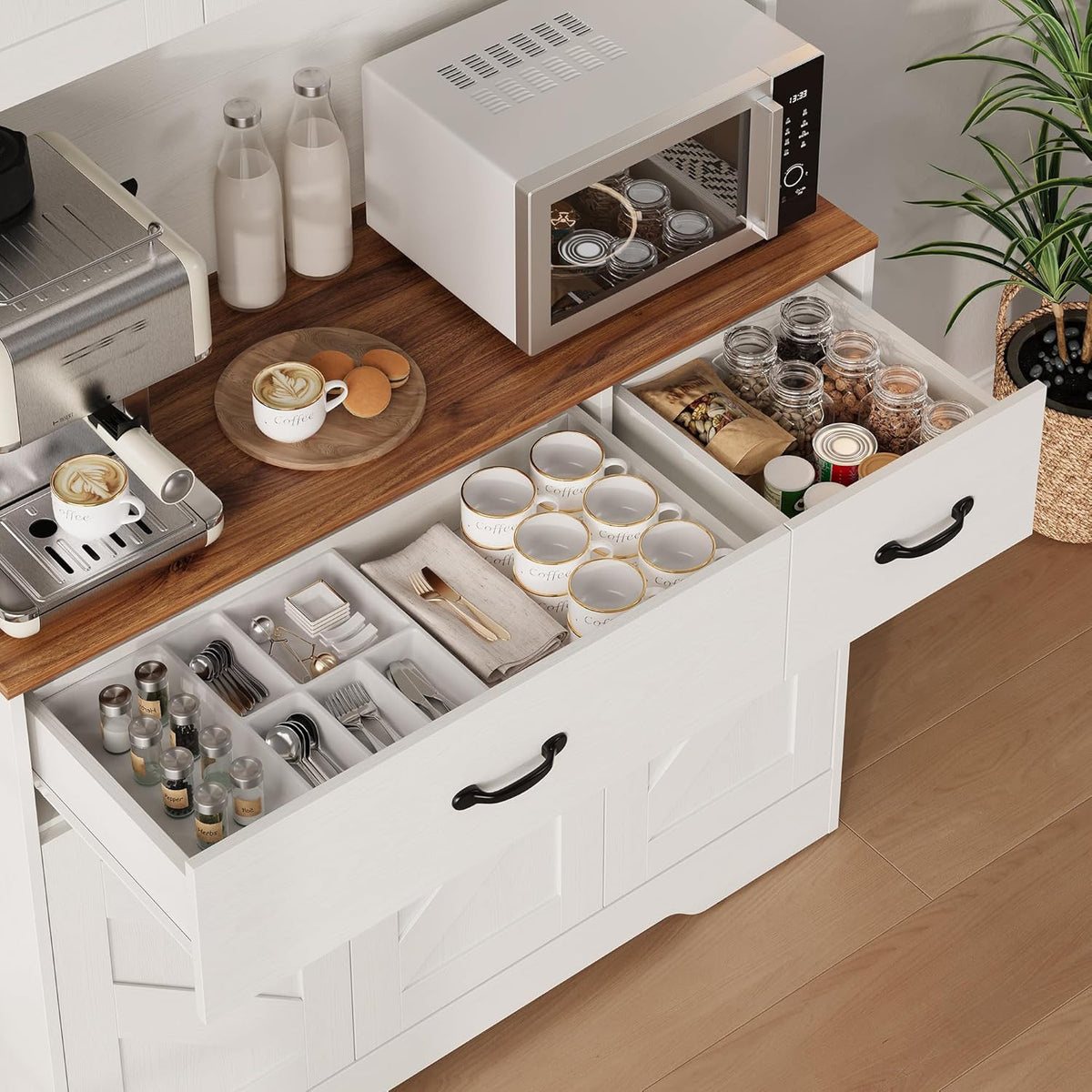Garvee 71" Kitchen Pantry Cabinet with Charging Station, Kitchen Hutch Storage Cabinet with Large Countertop & 2 Drawers, Wood Farmhouse Food Pantry Cabinet for Dining Room, Living Room, White