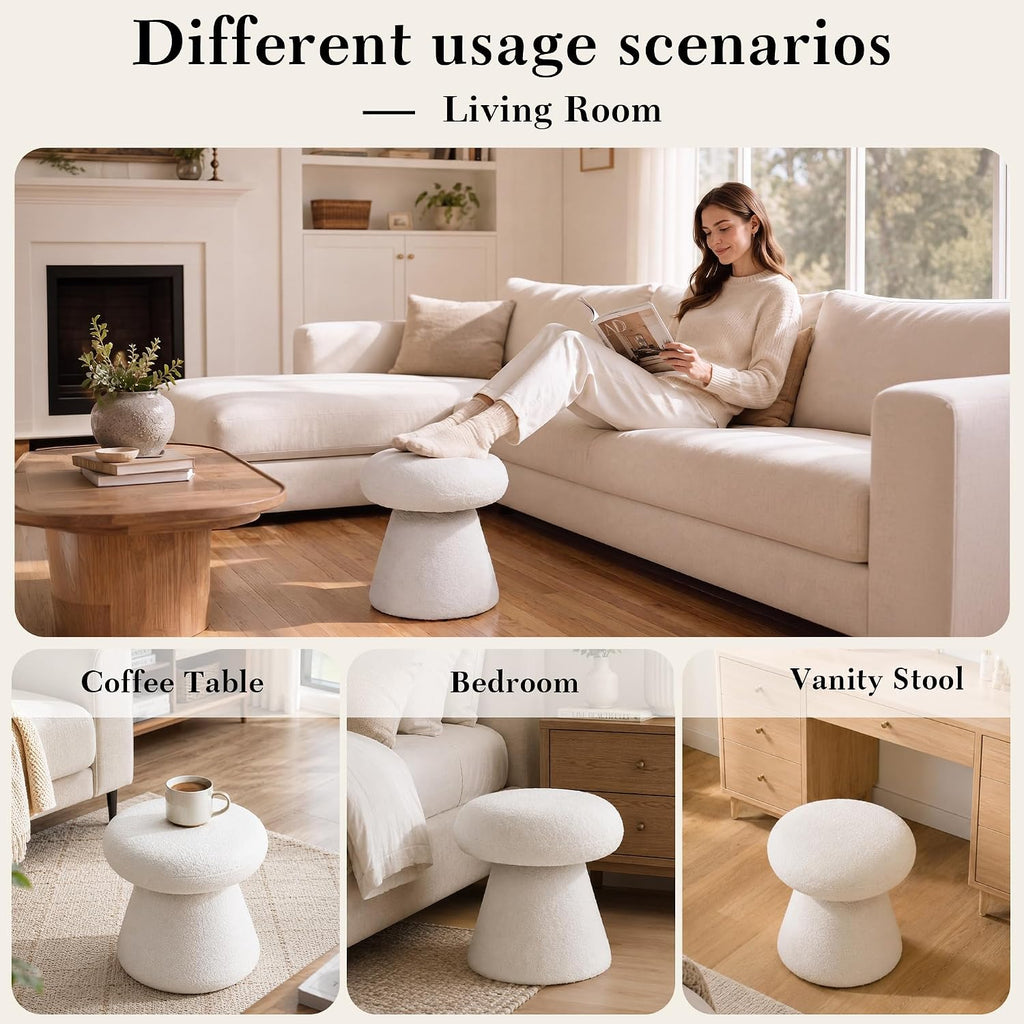FOXHUNTER Mushroom Pouf Ottoman with 360° Rotation, White | Footstool with Sponge Filling, No Assembly Required, Soft Shoe Stool, Makeup Chair for Living Room Bedroom Entrance