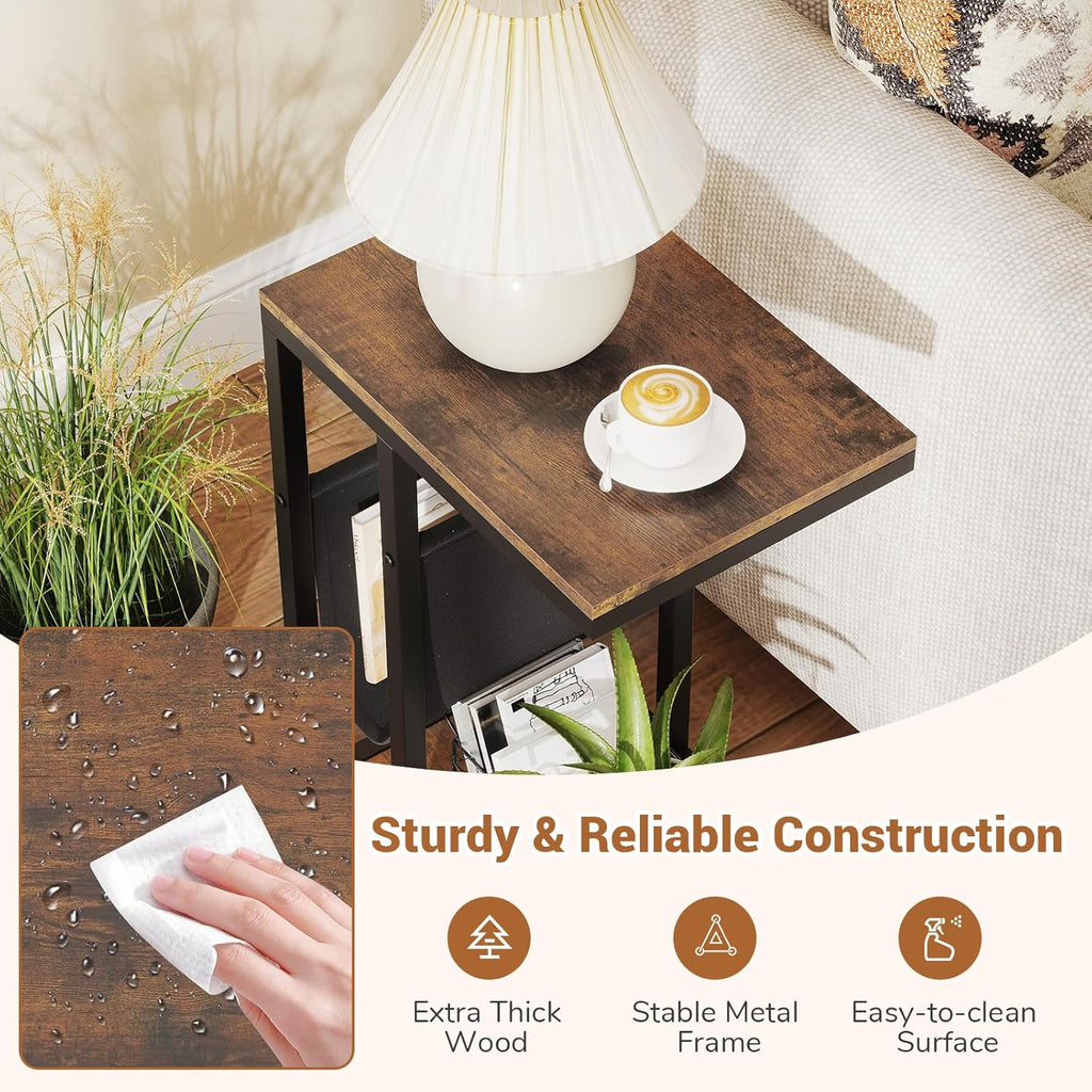 Giantex C Shaped End Table with Rolling Wheels, Sofa Side Table with Magazine Storage Holder & Metal Frame, Mobile TV Tray Table for Small Space Living Room, 16" L x 11" W x 23" H, Rustic Brown