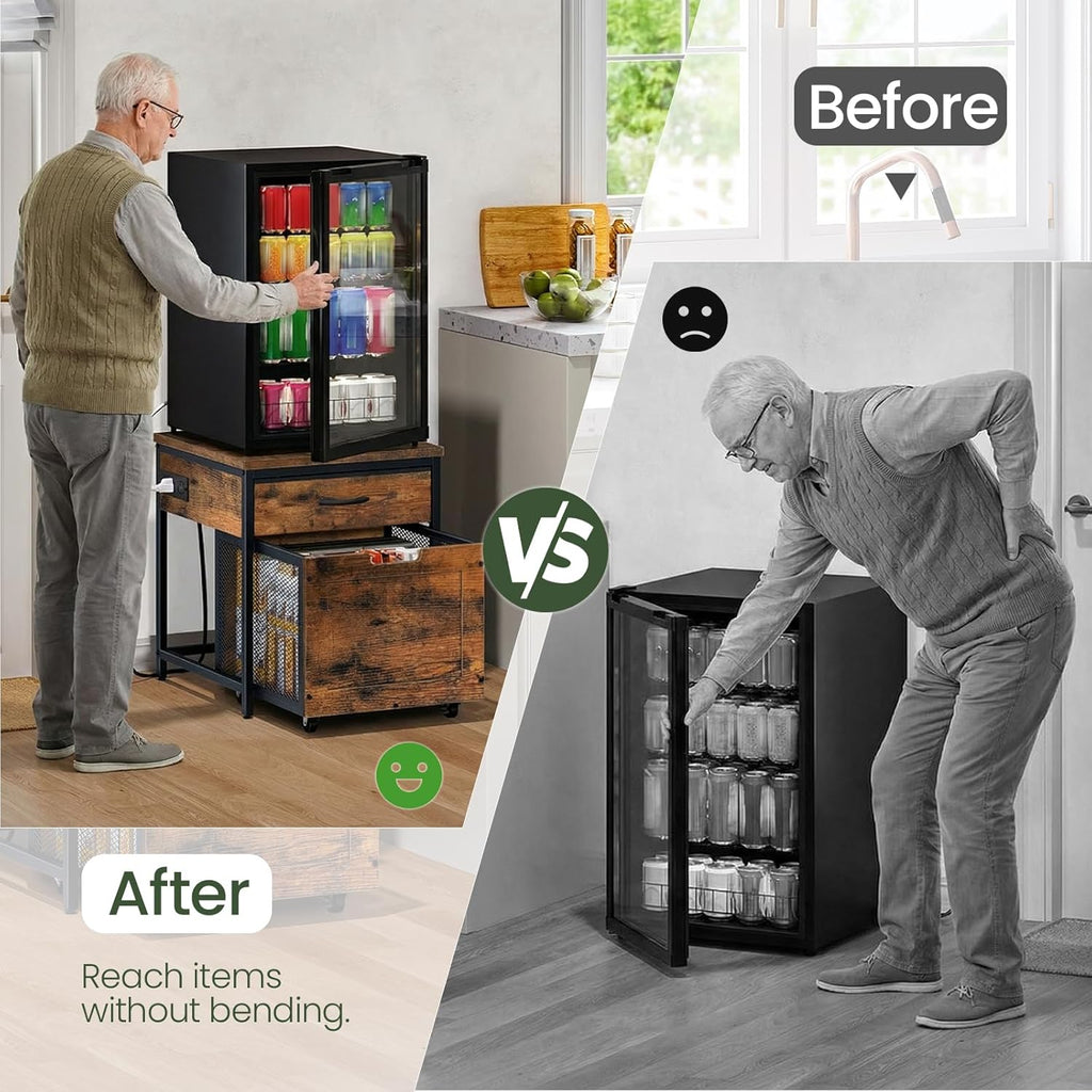 CHOEZON Mini Fridge Stand with Power Outlet, Large Side Table with 2AC and 2 USB Ports, Mobile Beverage Cart with Fabric Drawer for Dorm, Kitchen, Living Room, Rustic Brown and Black TBZ56UBF