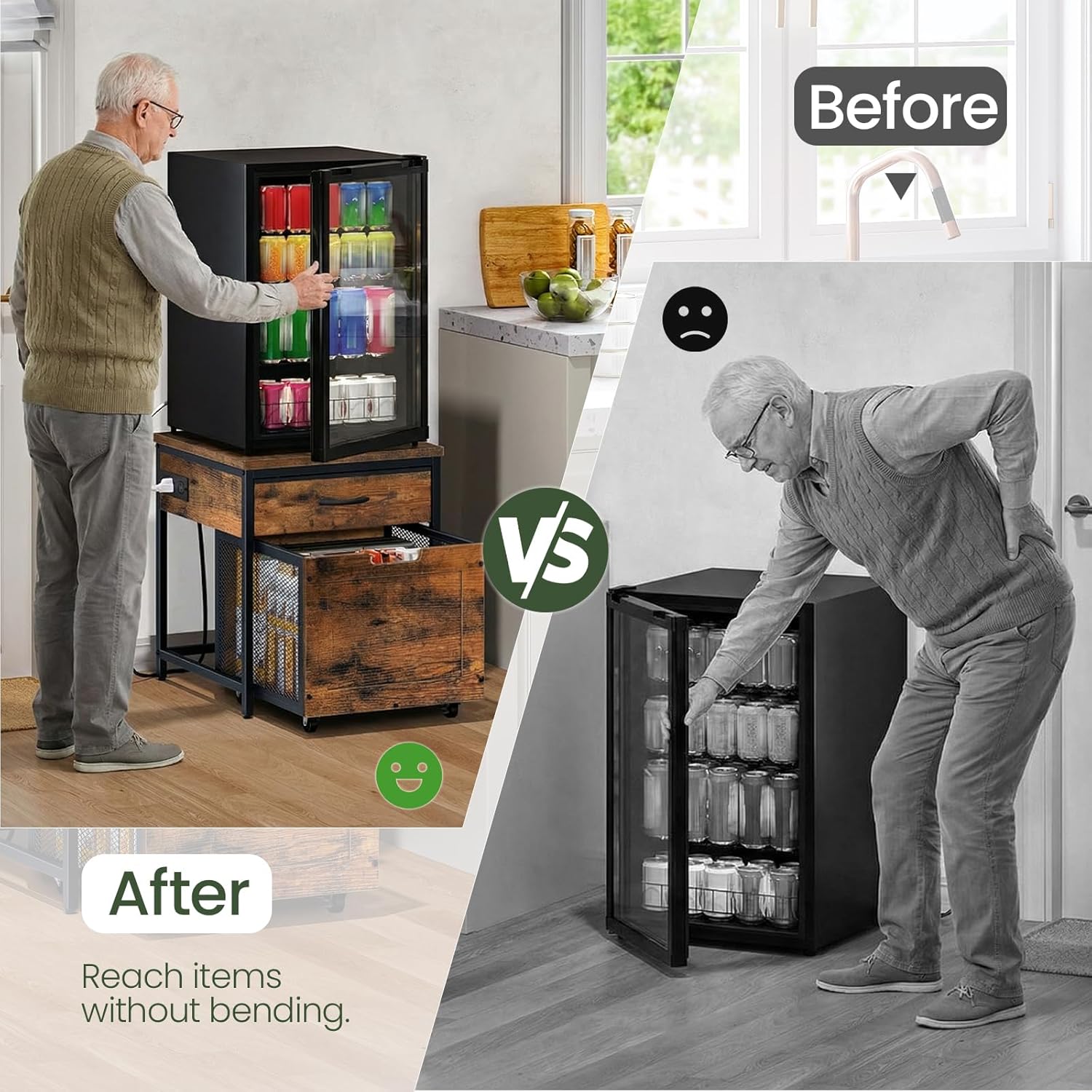 CHOEZON Mini Fridge Stand with Power Outlet, Large Side Table with 2AC and 2 USB Ports, Mobile Beverage Cart with Fabric Drawer for Dorm, Kitchen, Living Room, Rustic Brown and Black TBZ56UBF