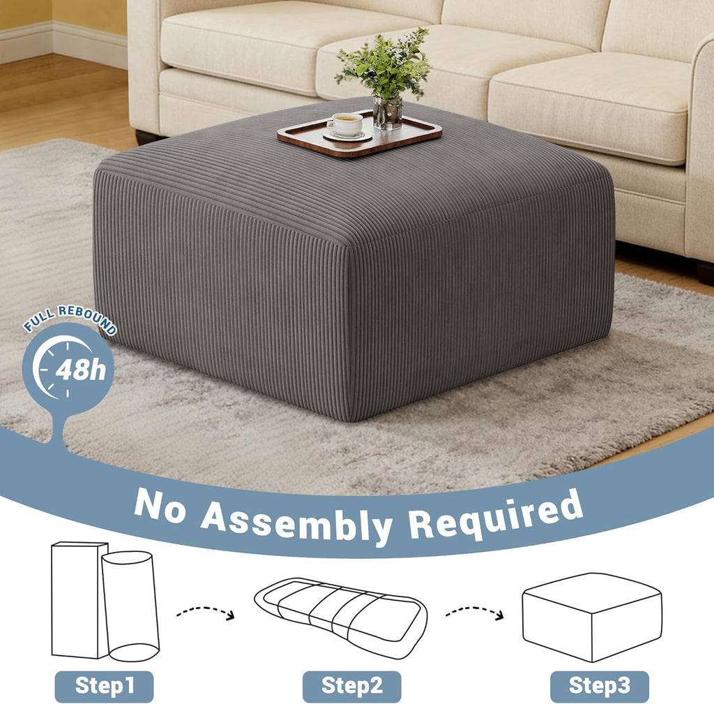 40" Oversized Square Corduroy Ottoman, Large Ottoman Pouf Footstool, Grey | Poofy Soft Foot Rest, Movable Pouf Ottoman, Floor Ottoman, Foam Chunk Filling, Living Room Sofa Couch Bedroom, 1 Piece