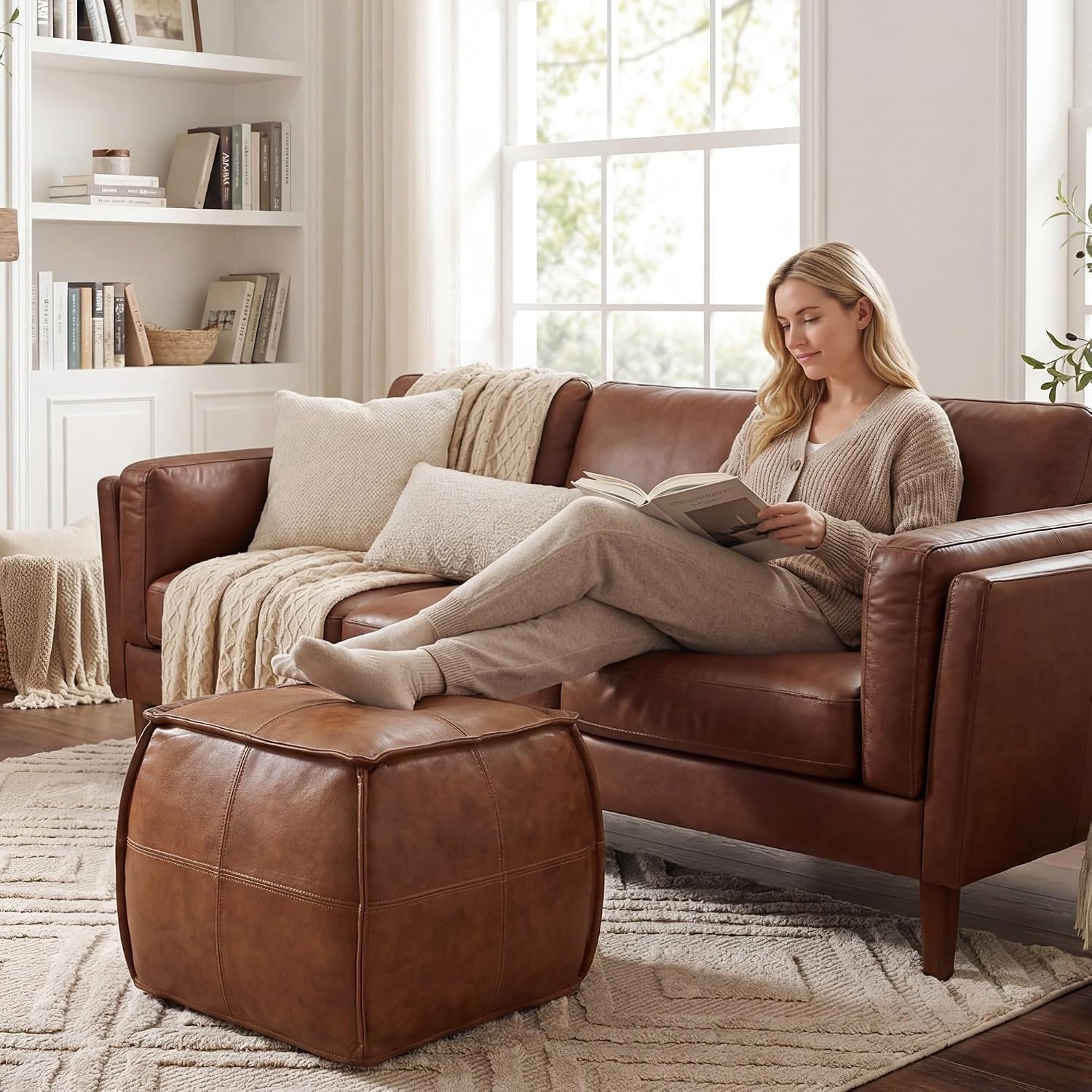 Leather Ottoman,Handmade Stuffed Square Ottoman,Genuine Leather Pouf, Foot Rest Pouf,Comfortable Soft Seating for Living Room & Bedroom (Brown, Square)