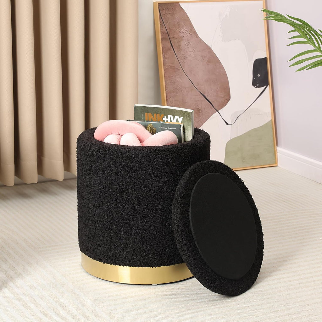 Joveco Boucle Round Ottoman with Storage,Vanity Stool with Storage for Bedroom, Ottoman Coffee Table,Small Boucle Foot Stool for Living Room, Black with Gold Plating