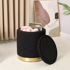Joveco Boucle Round Ottoman with Storage,Vanity Stool with Storage for Bedroom, Ottoman Coffee Table,Small Boucle Foot Stool for Living Room, Black with Gold Plating