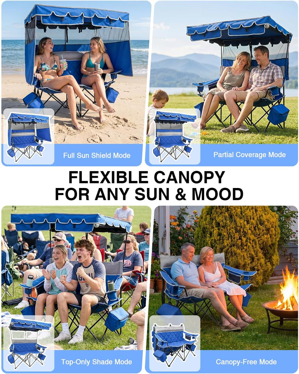 HOPERAN Double Camping Chair with Canopy, Heavy Duty 660lbs Double Beach Chair with Umbrella, Cooler & Cup Holder, Oversized Folding loveseat with Shade for Outside Sports, Beach, Lawn, Fishing
