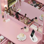 Makeup Vanity with Lights & Charging Station, Pink Vanity Table with 5 Drawers & Open Storage Shelves, Vanity Desk with Mirror & Lights, Dressing Table Set, Bedroom Makeup Table Set Gold Handle