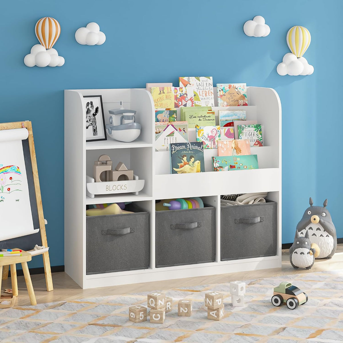 Kids Bookcase with 3 Collapsible Fabric Drawers, Multifunctional Toy | Sturdy MDF construction holds heavy books; anti-tip device for safety; 3 collapsible fabric drawers for toy storage; per