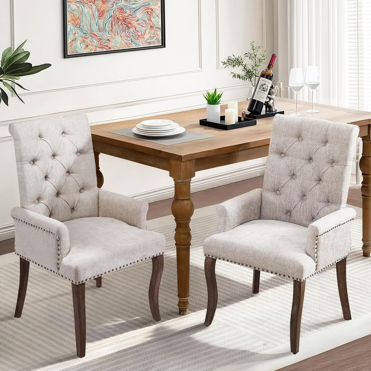 SoarFlash Chenille Dining Chairs Set of 2, Tall Back Side Chair，Modern Upholstered High-end Tufted Side Chair with Armrest, Solid Wood Leg, Beige