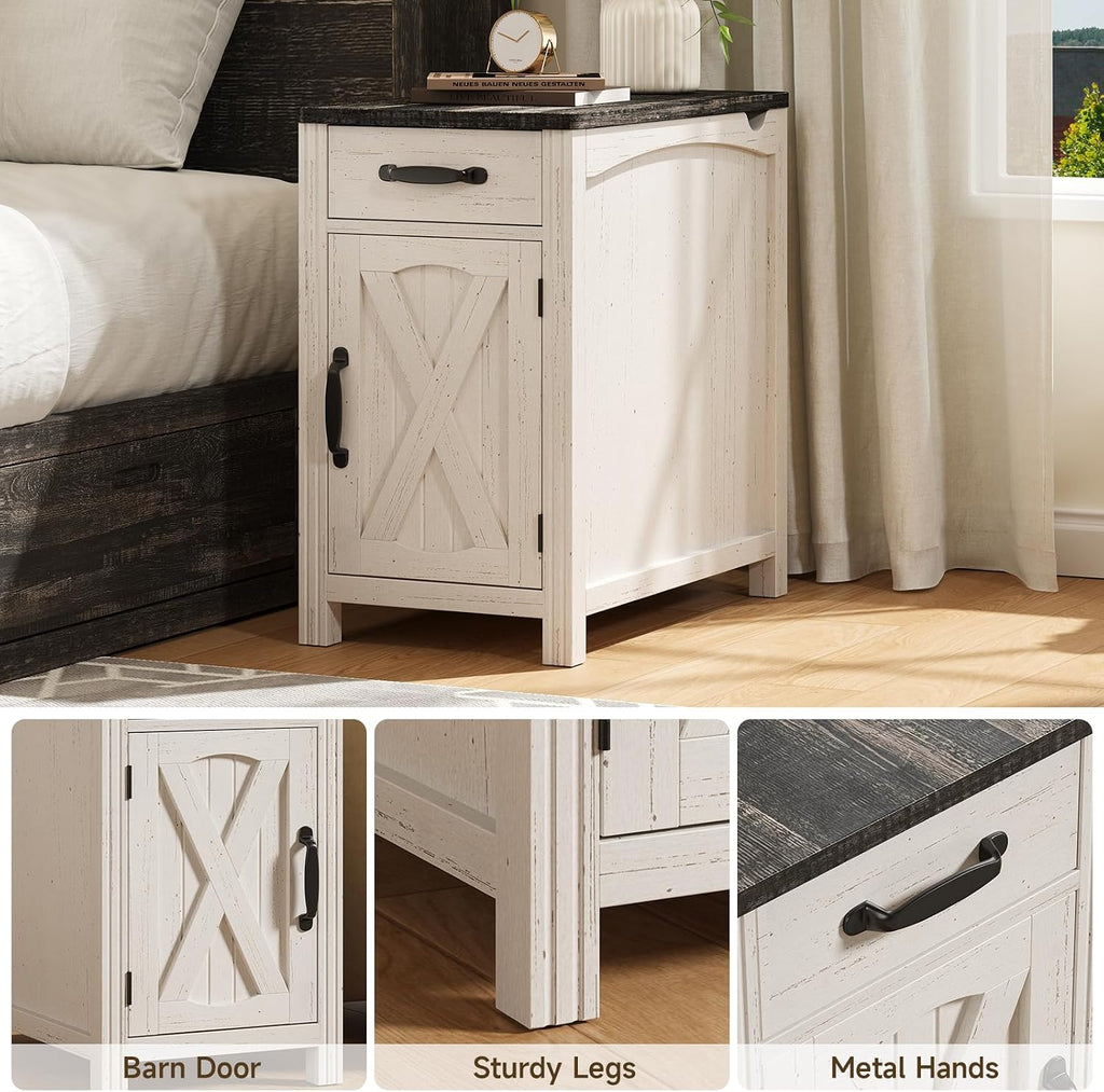 ONBRILL Farmhouse End Table with Charging Station, Narrow Side Table with Barn Door, Rustic Wood Sofa Side Table with Drawer and Storage Cabinet, 23.5" Small Nightstand for Living Room (Rustic White)