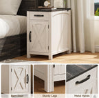 ONBRILL Farmhouse End Table with Charging Station, Narrow Side Table with Barn Door, Rustic Wood Sofa Side Table with Drawer and Storage Cabinet, 23.5" Small Nightstand for Living Room (Rustic White)