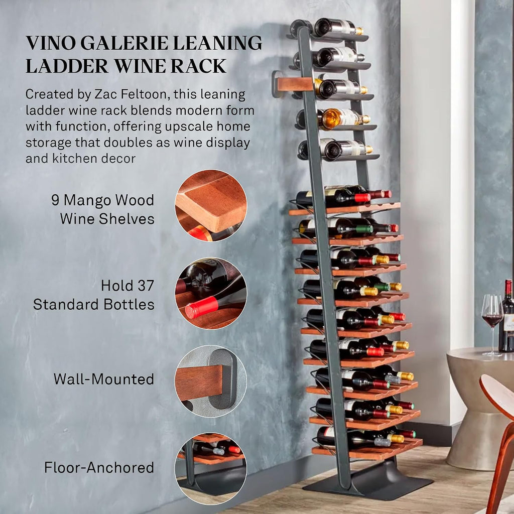 Wine Enthusiast Vino Galerie Leaning Ladder Wine Rack – 37-Bottle Wall Mounted Wine Storage Display – Mango Wood & Metal Bar Cabinet Wine Shelf – Modern Kitchen Dining Room Decor Organizer Furniture