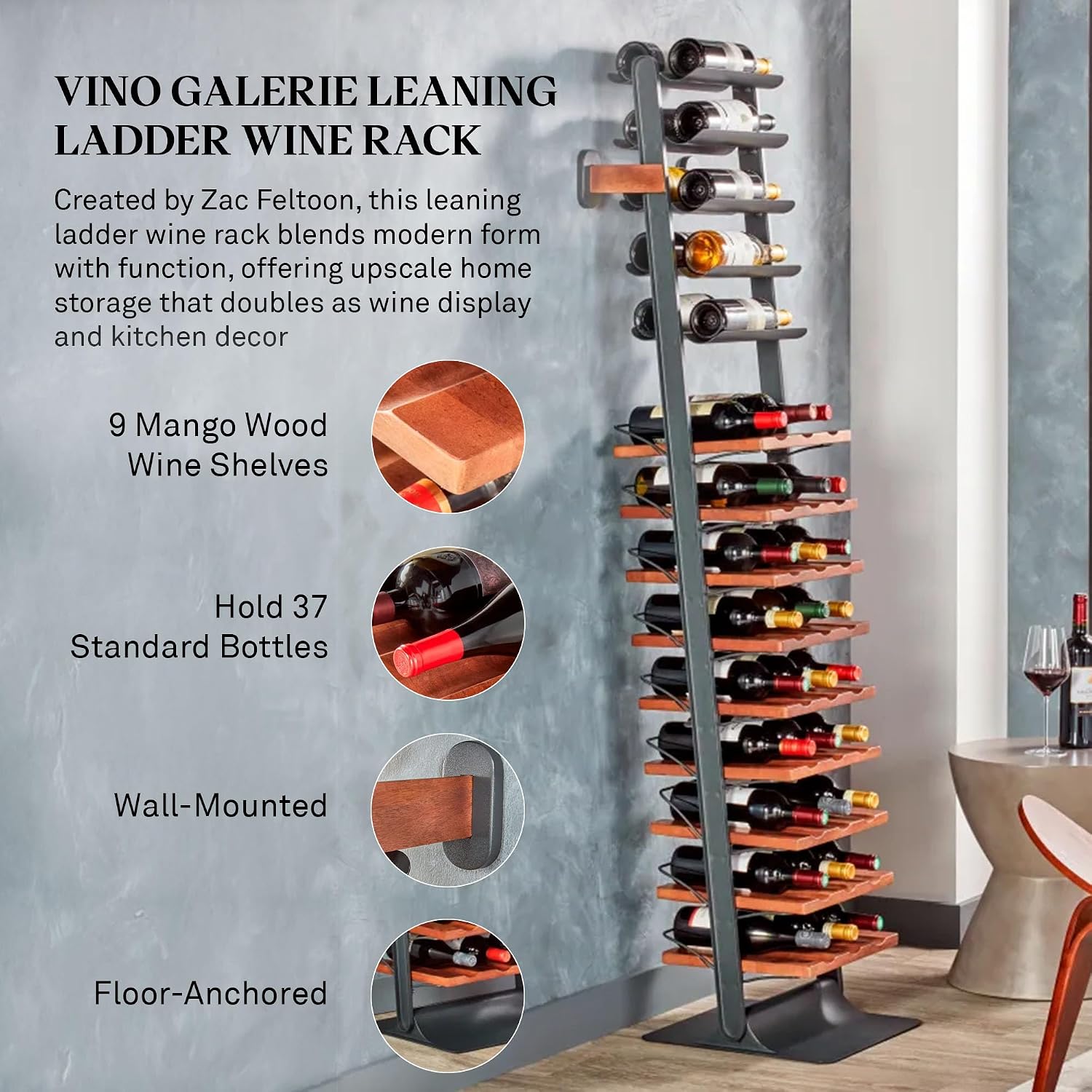 Wine Enthusiast Vino Galerie Leaning Ladder Wine Rack – 37-Bottle Wall Mounted Wine Storage Display – Mango Wood & Metal Bar Cabinet Wine Shelf – Modern Kitchen Dining Room Decor Organizer Furniture