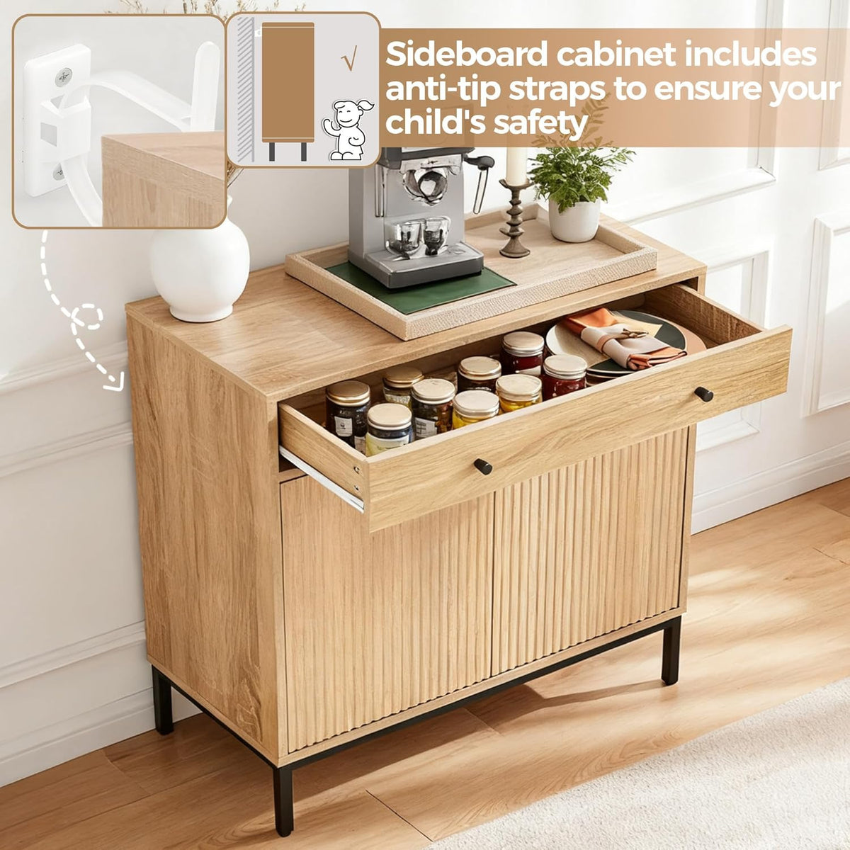31 inch Sideboard Buffet Cabinet with Drawer, Modern Fluted Credenza with 2 Doors & Adjustable Shelf, Small Coffee Bar Storage for Kitchen, Entryway
