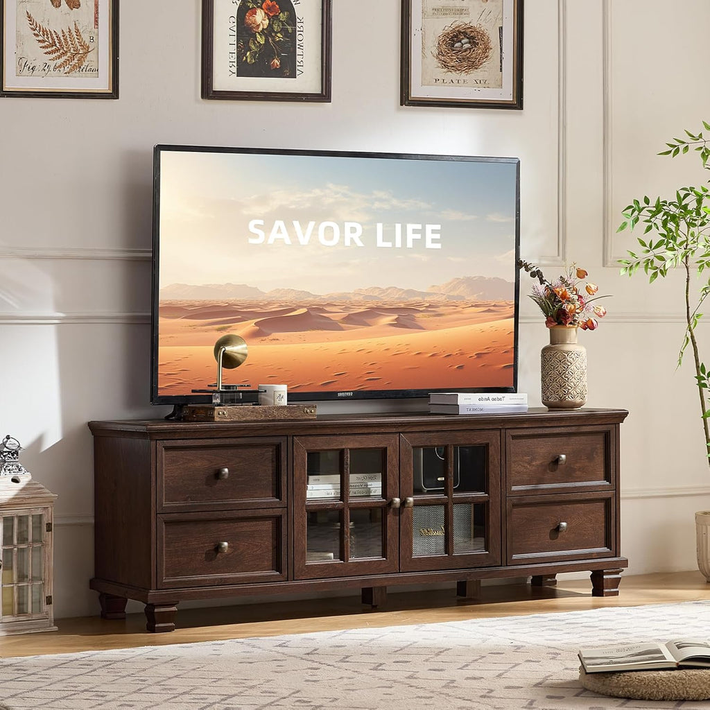 SAVOR LIFE Farmhouse TV Stands for Living Room, Walnut | Heavy-Duty Rustic Entertainment Center with 4 Drawers & Thickened Top & Square Wooden Legs for 65 Inch TV
