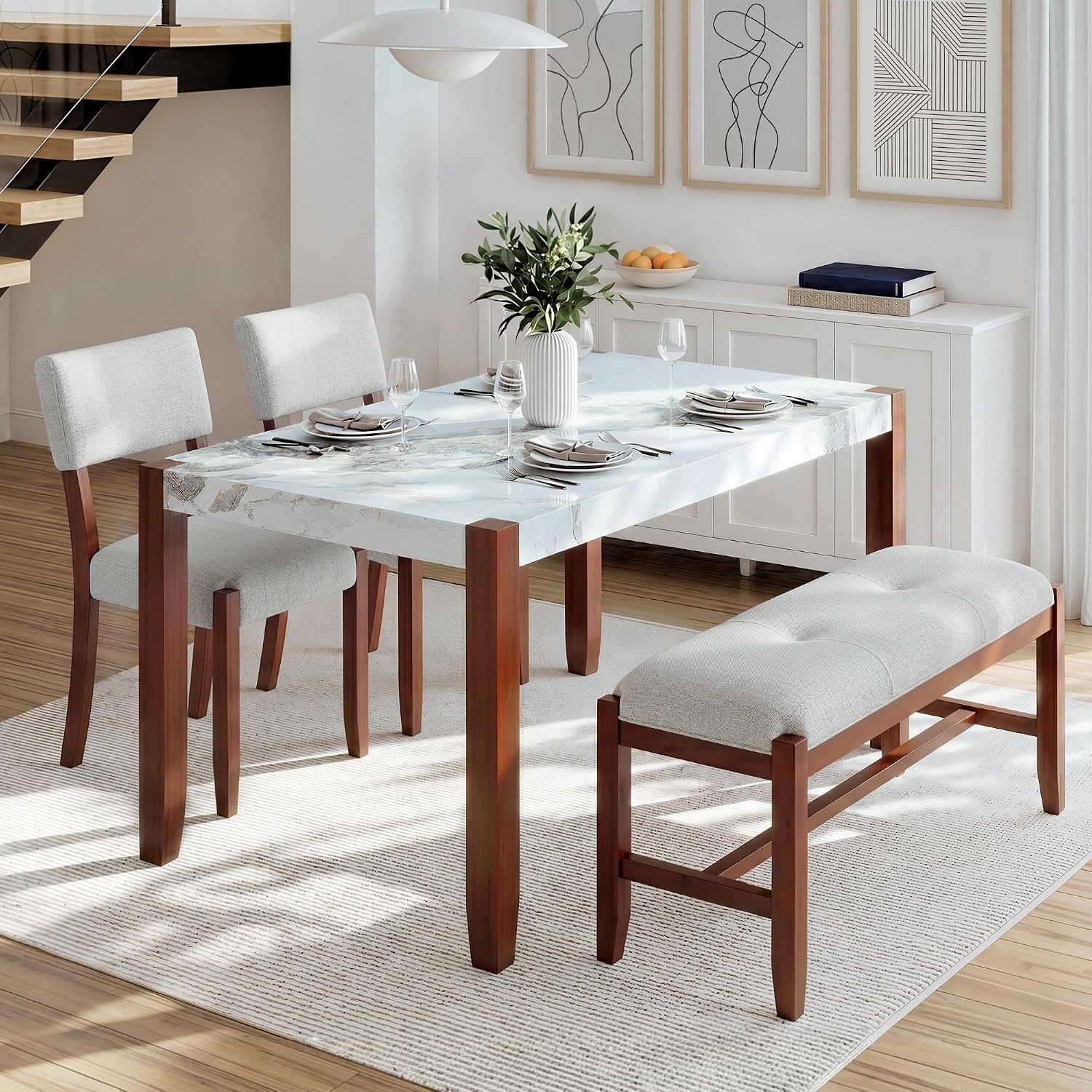 Merax 4 Piece Dining Table Set, Faux Marble Table and 2 Upholstered Chairs 1 Bench, 4 Person Dinette Set for Kitchen, Dining Room, Space-Saving, Beige