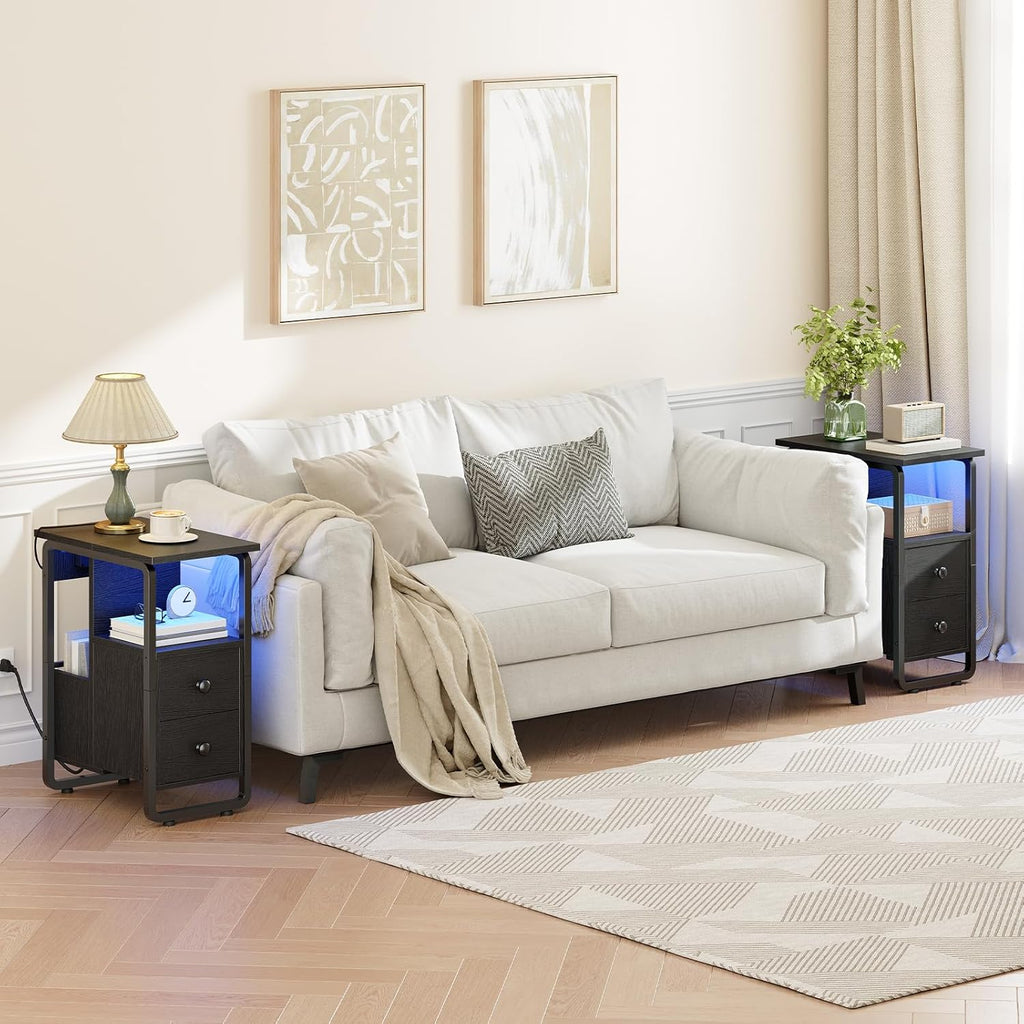 HOOBRO Narrow End Table with Charging Station & LED Lights, Slim Nightstand with 2 Fabric Drawers and Open Shelves, Narrow Side Table for Living Room, Bedroom, Black BB430UDBZ01