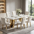 7 Piece Dining Table Set, White 70" Marble Dining Table with 6 Beige Velvet Chairs, Luxury Faux Marble Dining Room Table Set for 6, Modern Kitchen Table and Chairs Set for Home Furniture