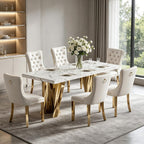 7 Piece Dining Table Set, White 70" Marble Dining Table with 6 Beige Velvet Chairs, Luxury Faux Marble Dining Room Table Set for 6, Modern Kitchen Table and Chairs Set for Home Furniture