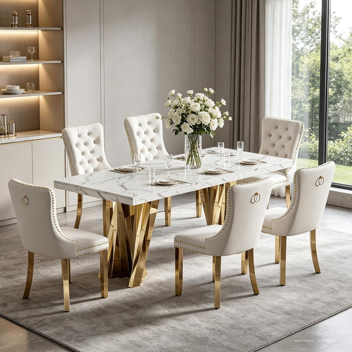 7 Piece Dining Table Set, White 70" Marble Dining Table with 6 Beige Velvet Chairs, Luxury Faux Marble Dining Room Table Set for 6, Modern Kitchen Table and Chairs Set for Home Furniture