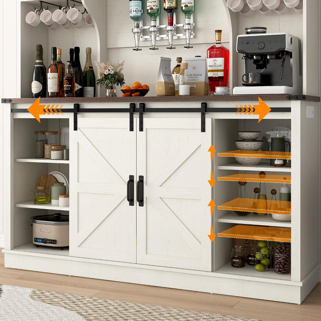 Farmhouse Coffee Bar Cabinet with LED Light, Charging Station & Sliding Barn Doors - 63"W x 71"H Large Wine Rack, Built-in Liquor Dispenser, Glass/Mug Holders for Kitchen, Living Room, Hallway
